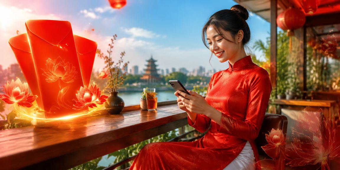 Phong bì đỏ và trang phục áo dài Hà Nội tượng trưng cho văn hóa thưởng Tết và khuyến mãi của 170000